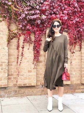 SOLIKA Talia Midi Dress XS Olive Green Crepe Modest Long Sleeve Ruched Diagonal